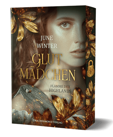 Das Cover zeigt die Hälfte des Porträts einer jungen Frau und einen Teil der Schulter. Der Buchtitel ist mittig zu sehen. Goldene Blätter und Funken sind darum angeordnet.